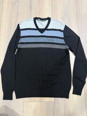 Travis Mathew Men's V-Neck Sweater - Black with Gray Stripes